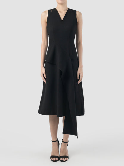 Lea black midi dress with draping peplum