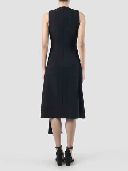 Lea black midi dress with draping peplum