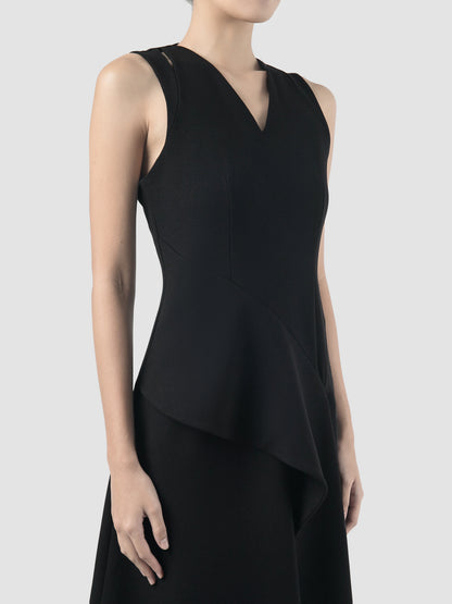 Lea black midi dress with draping peplum