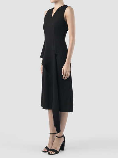 Lea black midi dress with draping peplum