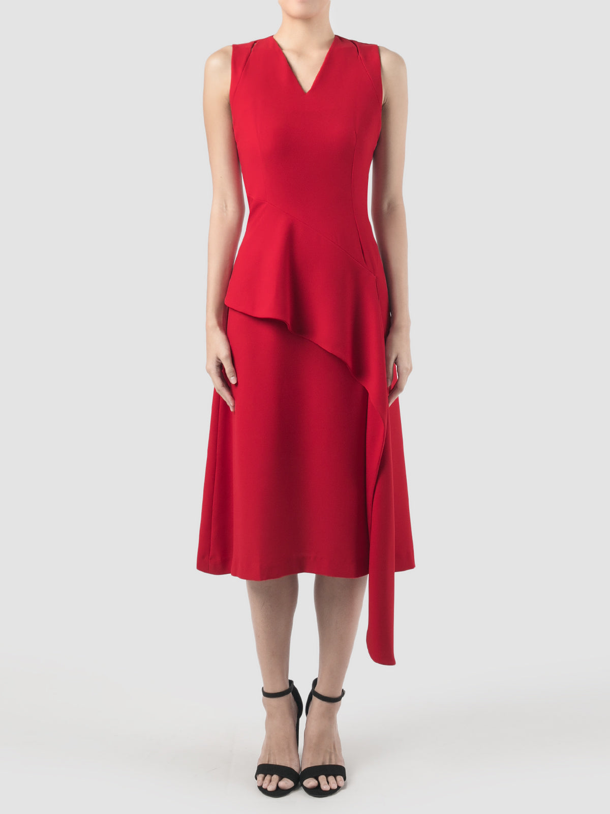 Lea red midi dress with draping peplum