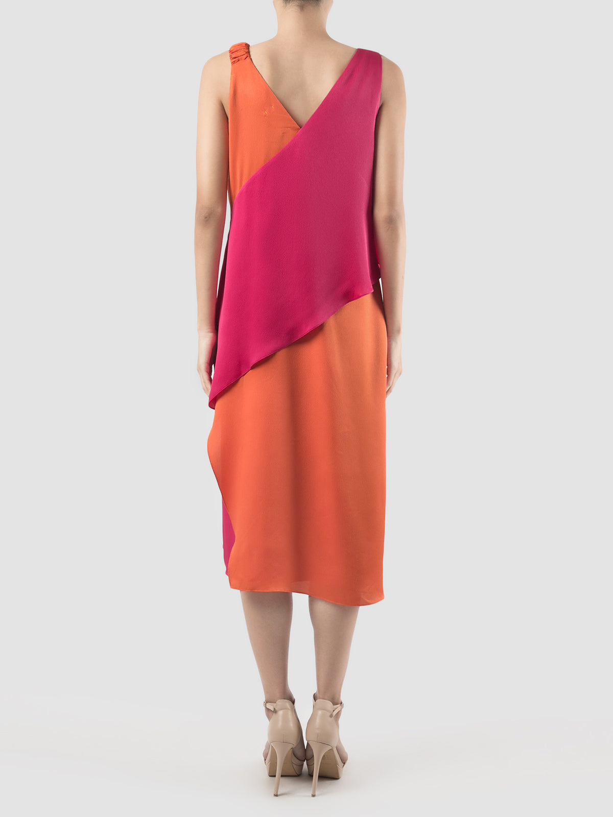 Fuschia-orange Rhombus two-toned midi dress