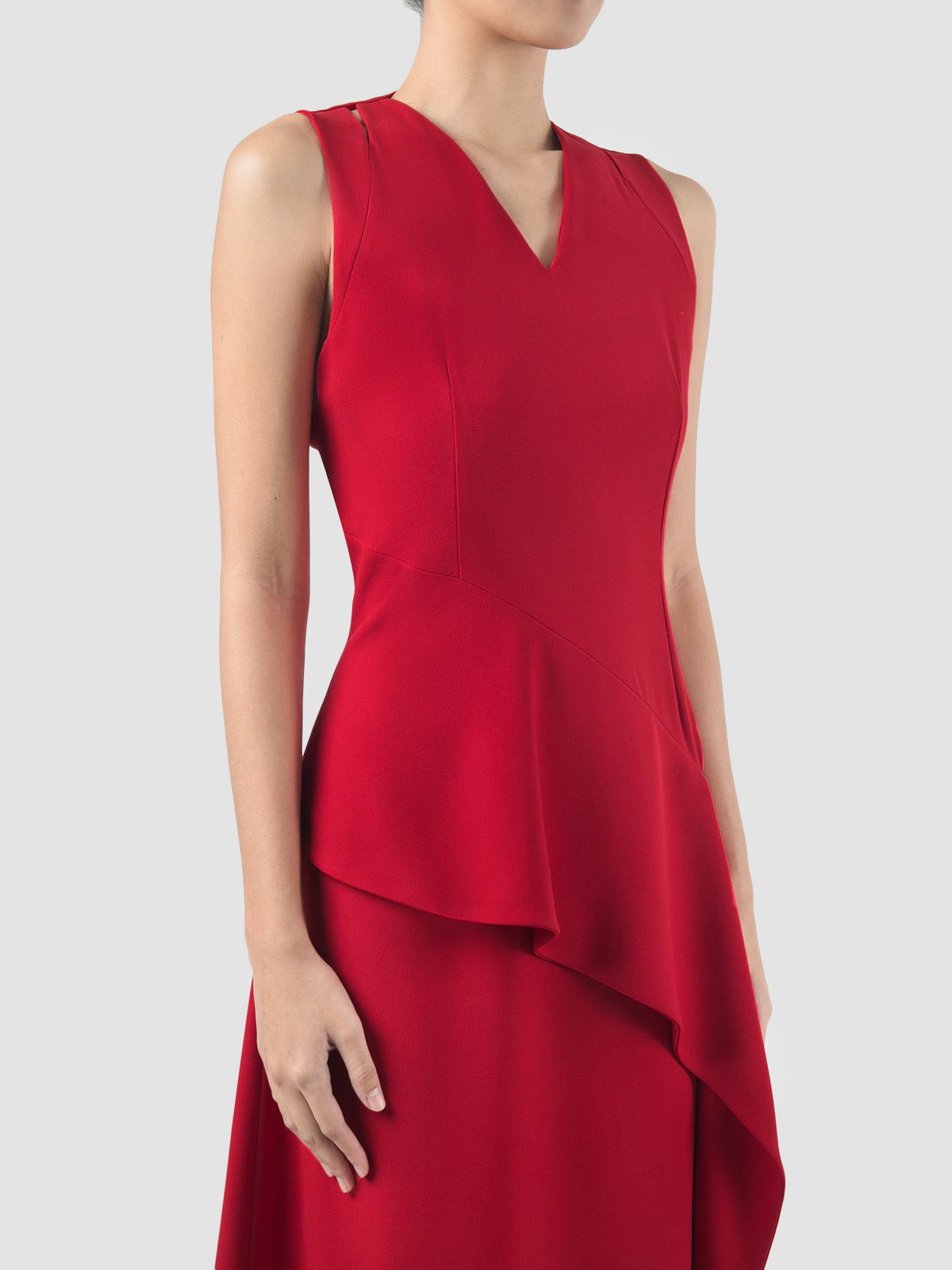 Lea red midi dress with draping peplum