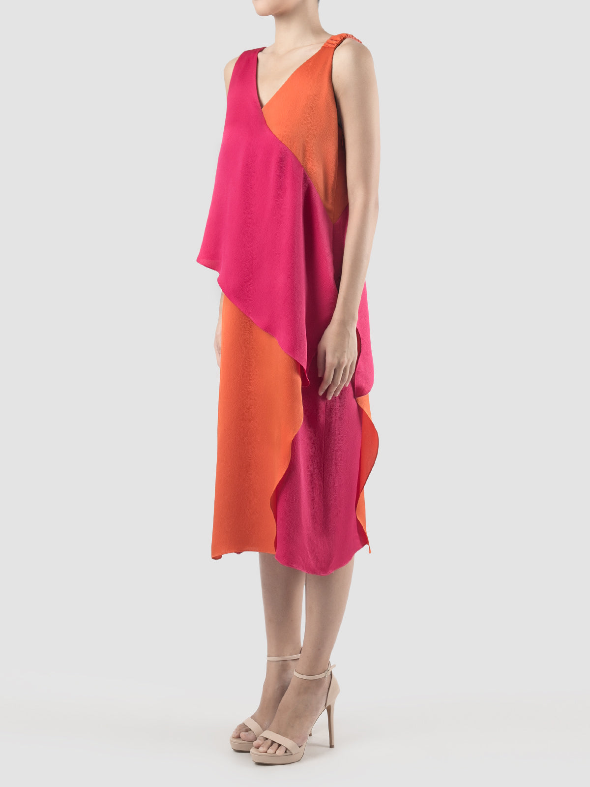 Fuschia-orange Rhombus two-toned midi dress