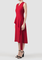 Lea red midi dress with draping peplum