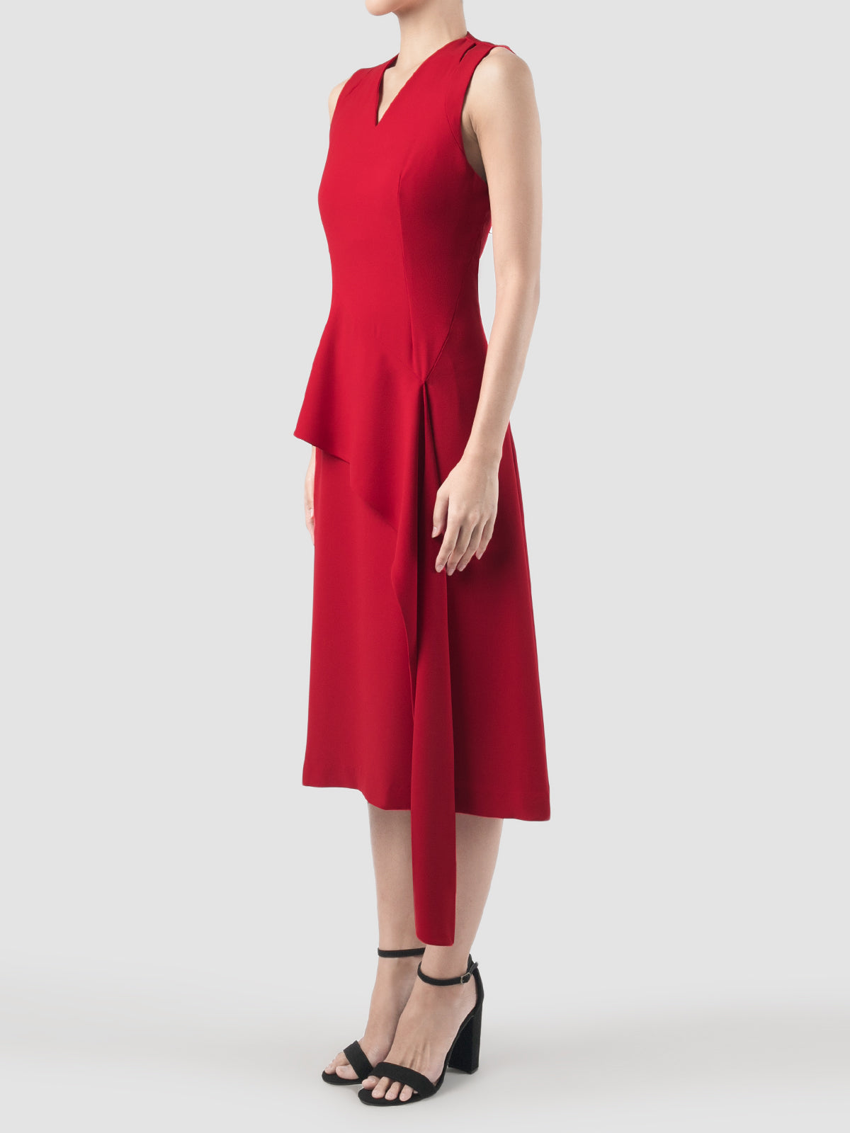 Lea red midi dress with draping peplum