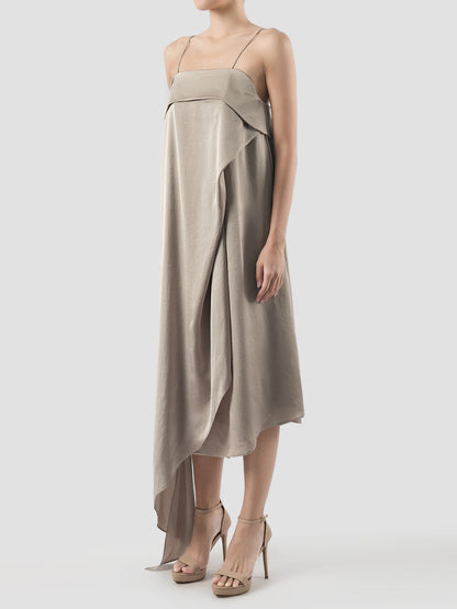 Lany Beige Asymmetrical Pleated Dress