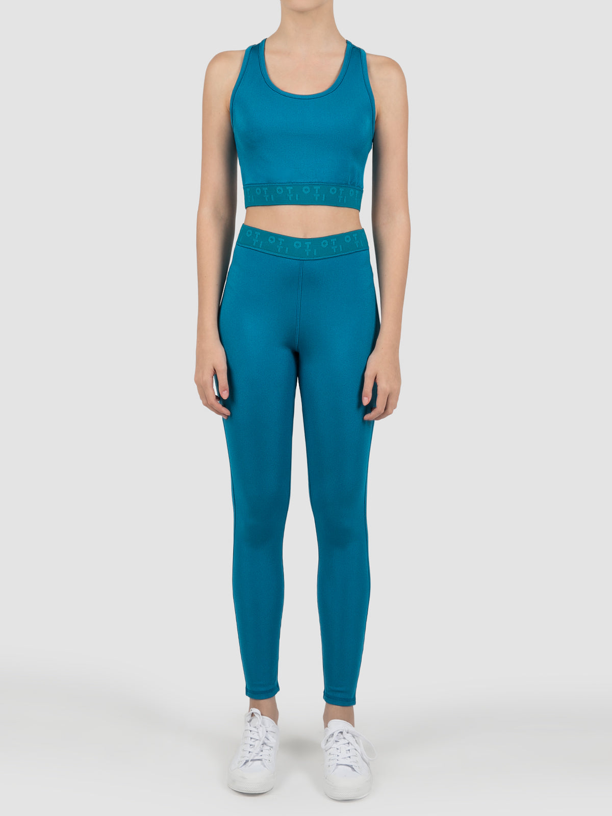 Blue bonded jersey silk sheen racer crop top