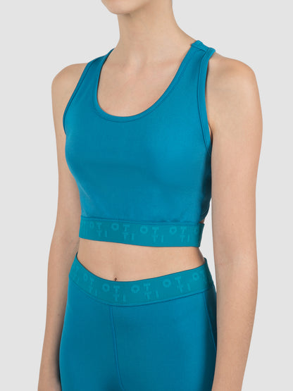 Blue bonded jersey silk sheen racer crop top