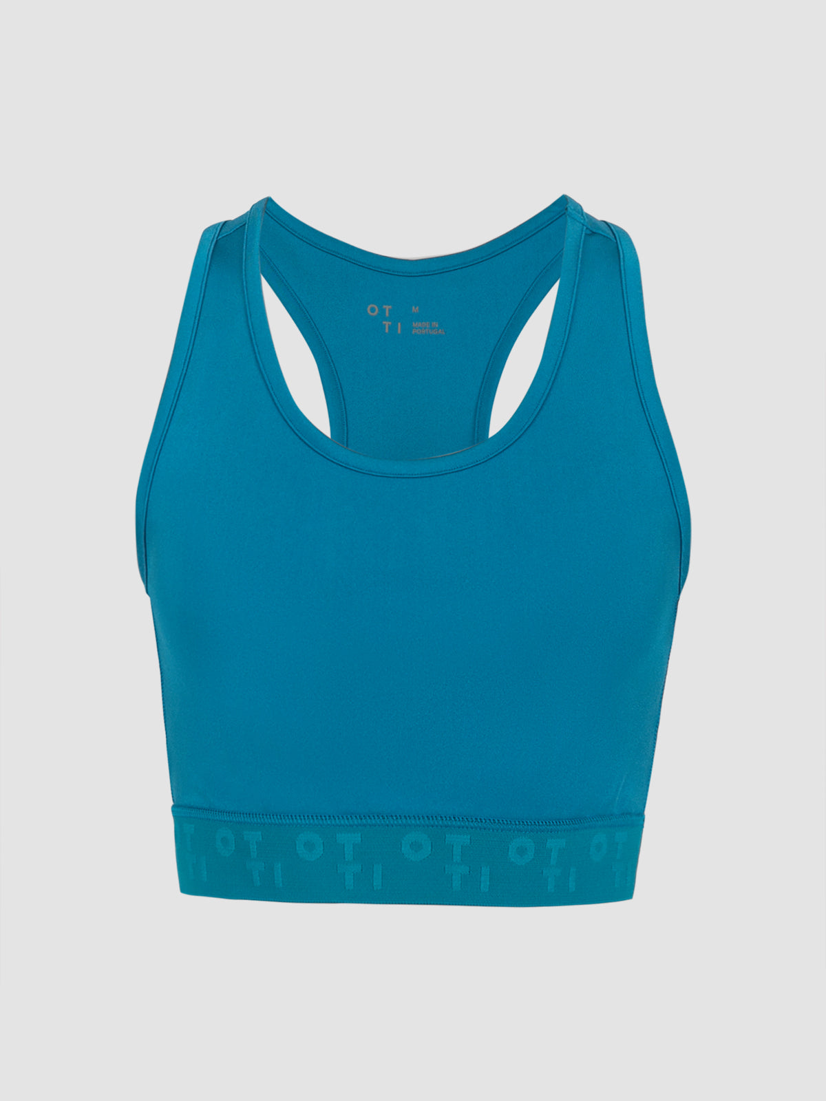 Blue bonded jersey silk sheen racer crop top