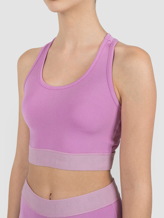 Pink bonded jersey silk sheen racer crop top