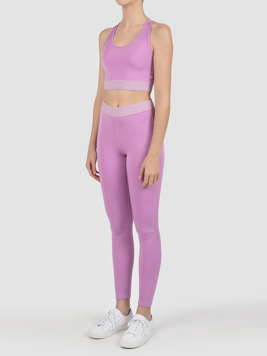 Pink bonded jersey silk sheen racer crop top