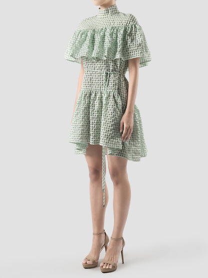 Marmoreal mint green turtleneck ruffled mini dress