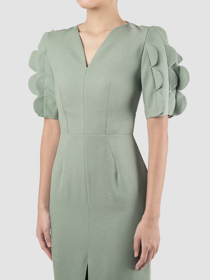 Cordifolia powder green scalloped-sleeved midi dress