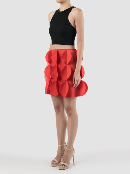 Tristus Cinnabar red statement mini skirt with scalloped lapels