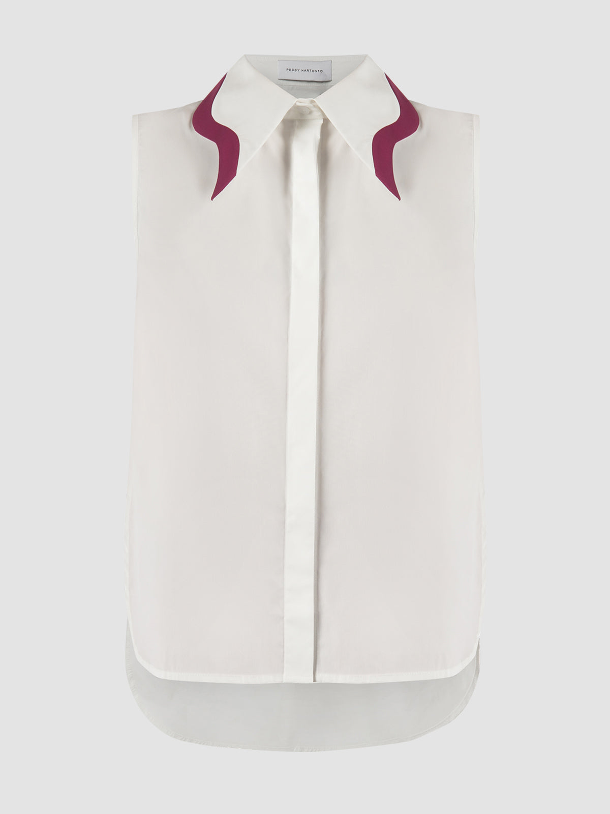 Phlox white sleeveless shirt with accented collar in plum