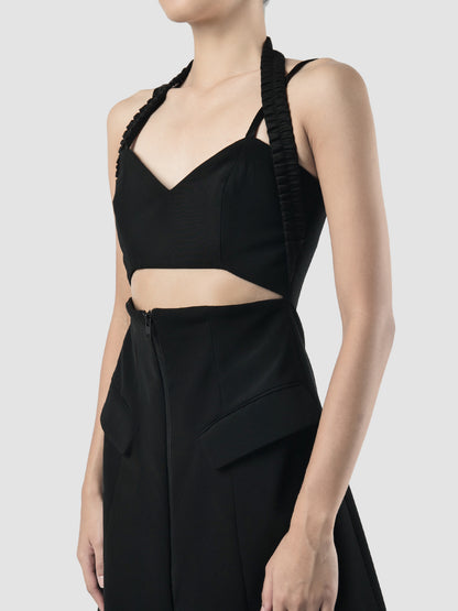 Black halter dress with gold embroidery