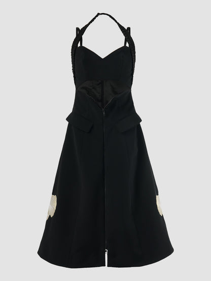 Black halter dress with gold embroidery