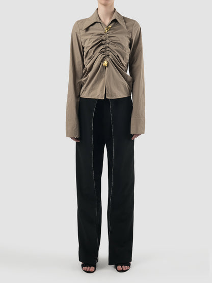 Pewter brown deconstructed gathered shirt with abstract rod