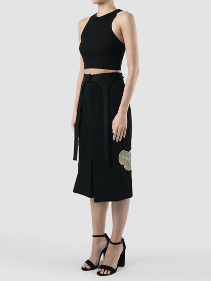 Black embroidered skirt with detachable waistband