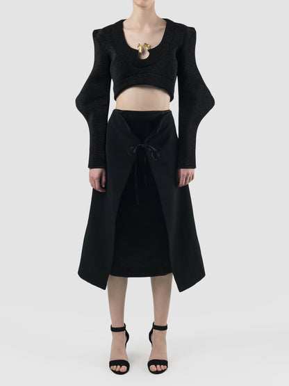 Black neoprene cropped top with abstract long sleeves