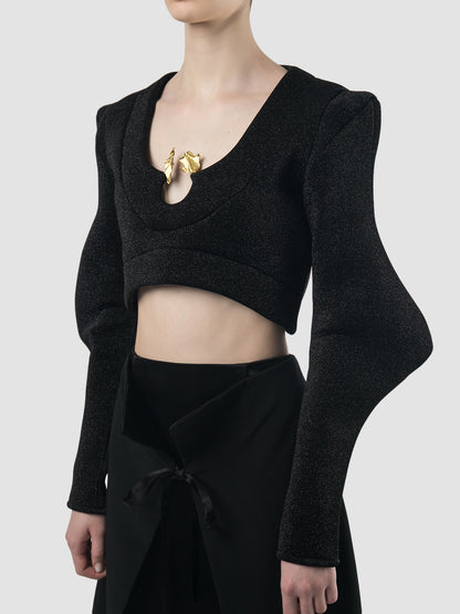 Black neoprene cropped top with abstract long sleeves