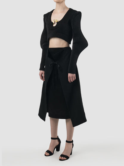 Black neoprene cropped top with abstract long sleeves