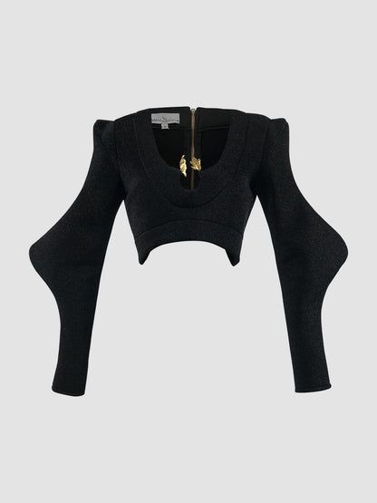 Black neoprene cropped top with abstract long sleeves