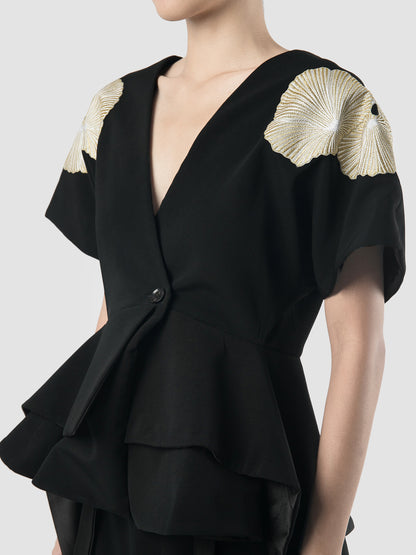 Black signature kimono with layered peplum