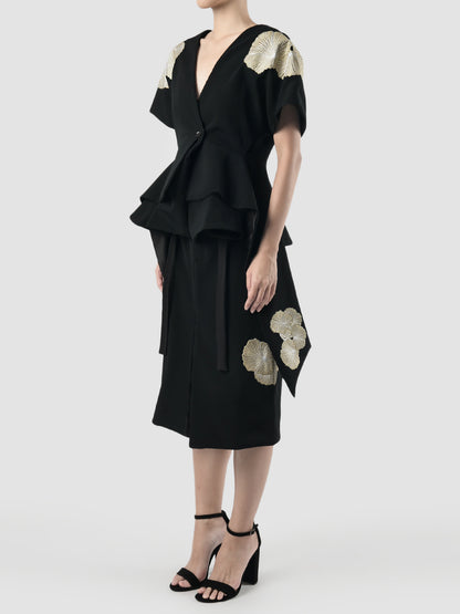 Black signature kimono with layered peplum