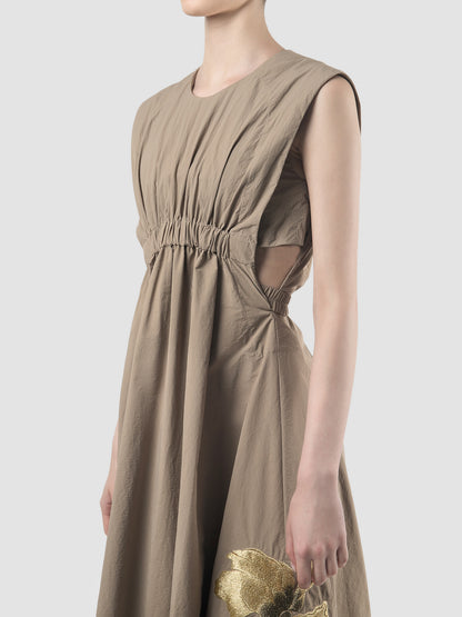 Pewter brown midi dress with gathered cutout details