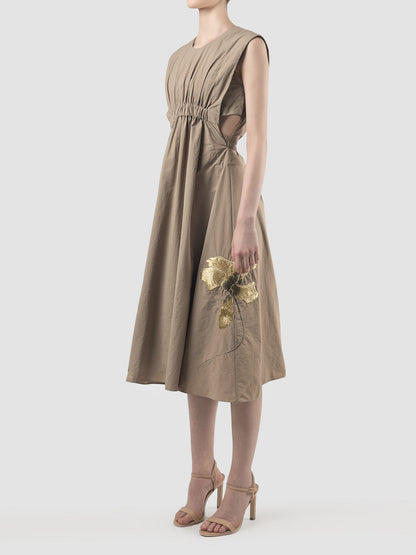 Pewter brown midi dress with gathered cutout details