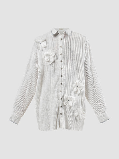 Flowery white long-sleeved pleated shirt