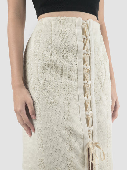 White layered lace applique midi skirt