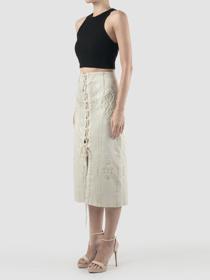 White layered lace applique midi skirt