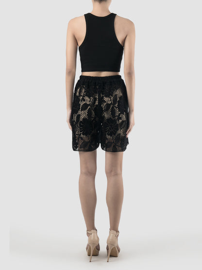 Black lace shorts with floral patterns