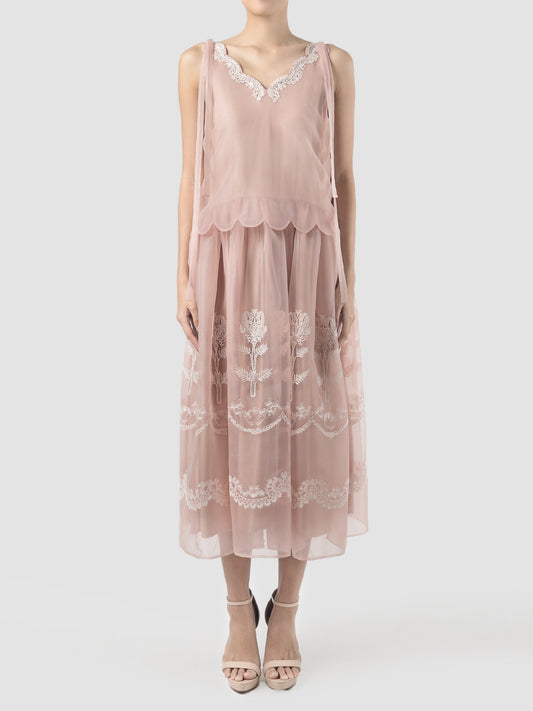 Pink scalloped neckline embroidered dress